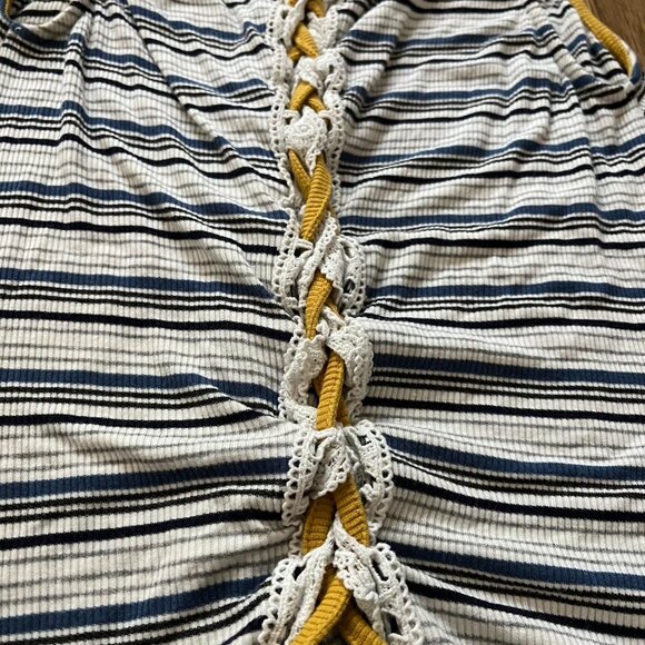 Y2K Yellow and Blue Small Striped Babydoll Top with Lace Up Back - Picture 2 of 5